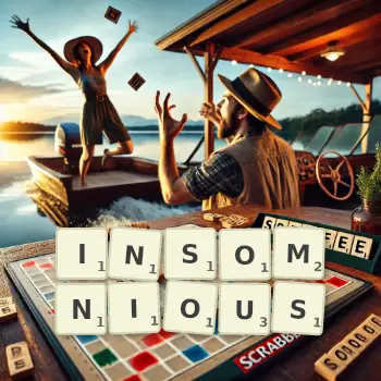 Creative illustration for a Scrabble game with the word INSOMNIOUS spelled out in tiles on the board.