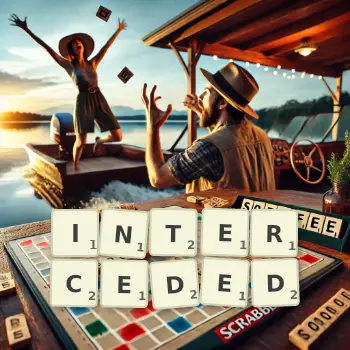 Creative illustration for a Scrabble game with the word INTERCEDED spelled out in tiles on the board.