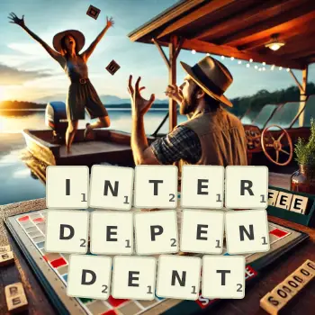 Creative illustration for a Scrabble game with the word INTERDEPENDENT spelled out in tiles on the board.