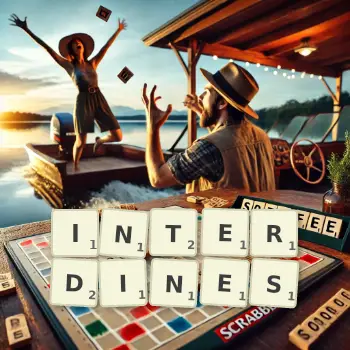 Creative illustration for a Scrabble game with the word INTERDINES spelled out in tiles on the board.