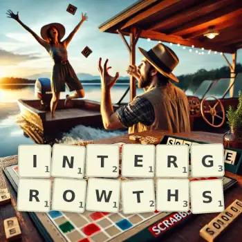 Creative illustration for a Scrabble game with the word INTERGROWTHS spelled out in tiles on the board.