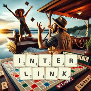 Creative illustration for a Scrabble game with the word INTERLINK spelled out in tiles on the board.