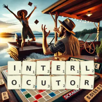 Creative illustration for a Scrabble game with the word INTERLOCUTOR spelled out in tiles on the board.