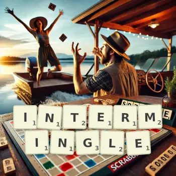 Creative illustration for a Scrabble game with the word INTERMINGLE spelled out in tiles on the board.
