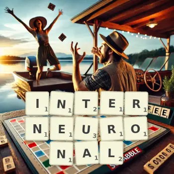 Creative illustration for a Scrabble game with the word INTERNEURONAL spelled out in tiles on the board.
