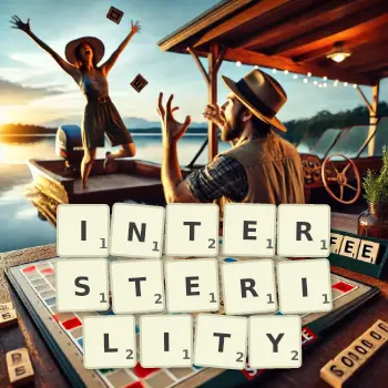 Creative illustration for a Scrabble game with the word INTERSTERILITY spelled out in tiles on the board.