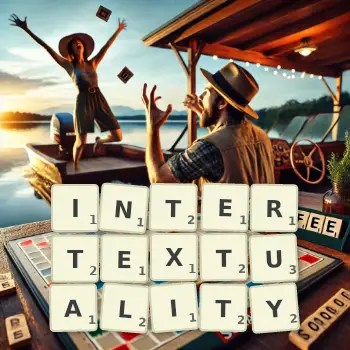 Creative illustration for a Scrabble game with the word INTERTEXTUALITY spelled out in tiles on the board.