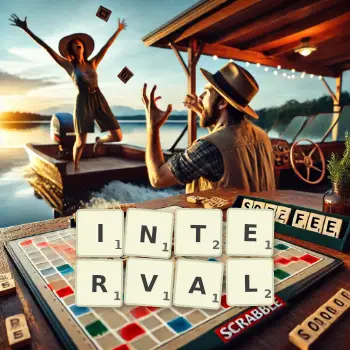 Creative illustration for a Scrabble game with the word INTERVAL spelled out in tiles on the board.