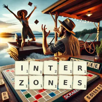 Creative illustration for a Scrabble game with the word INTERZONES spelled out in tiles on the board.