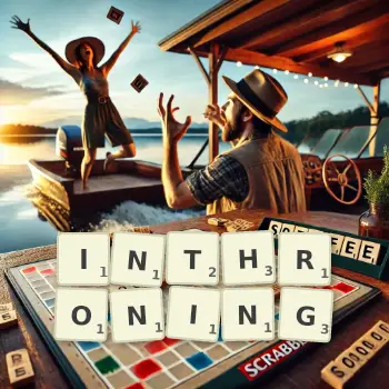 Creative illustration for a Scrabble game with the word INTHRONING spelled out in tiles on the board.