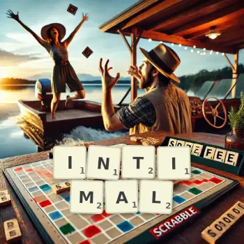 Creative illustration for a Scrabble game with the word INTIMAL spelled out in tiles on the board.