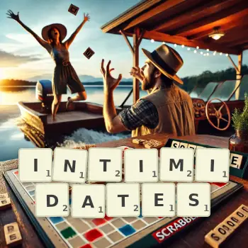 Creative illustration for a Scrabble game with the word INTIMIDATES spelled out in tiles on the board.
