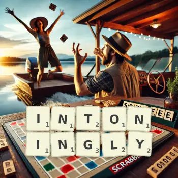 Creative illustration for a Scrabble game with the word INTONINGLY spelled out in tiles on the board.