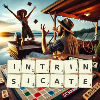 Creative illustration for a Scrabble game with the word INTRINSICATE spelled out in tiles on the board.