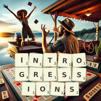 Creative illustration for a Scrabble game with the word INTROGRESSIONS spelled out in tiles on the board.