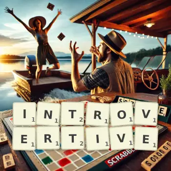 Creative illustration for a Scrabble game with the word INTROVERTIVE spelled out in tiles on the board.