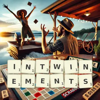 Creative illustration for a Scrabble game with the word INTWINEMENTS spelled out in tiles on the board.