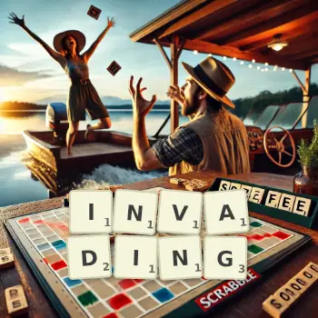 Creative illustration for a Scrabble game with the word INVADING spelled out in tiles on the board.