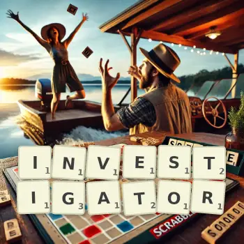 Creative illustration for a Scrabble game with the word INVESTIGATOR spelled out in tiles on the board.