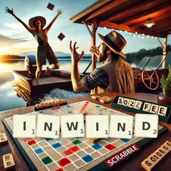 Creative illustration for a Scrabble game with the word INWIND spelled out in tiles on the board.