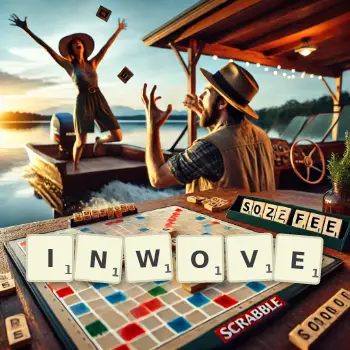 Creative illustration for a Scrabble game with the word INWOVE spelled out in tiles on the board.