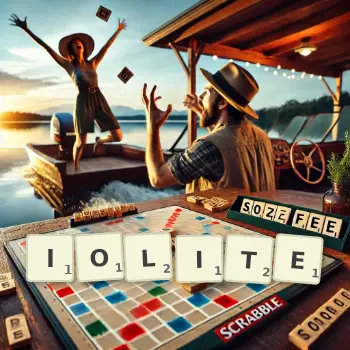 Creative illustration for a Scrabble game with the word IOLITE spelled out in tiles on the board.