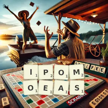 Creative illustration for a Scrabble game with the word IPOMOEAS spelled out in tiles on the board.