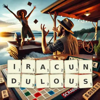 Creative illustration for a Scrabble game with the word IRACUNDULOUS spelled out in tiles on the board.