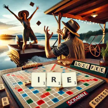 Creative illustration for a Scrabble game with the word IRE spelled out in tiles on the board.