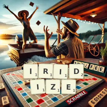 Creative illustration for a Scrabble game with the word IRIDIZE spelled out in tiles on the board.