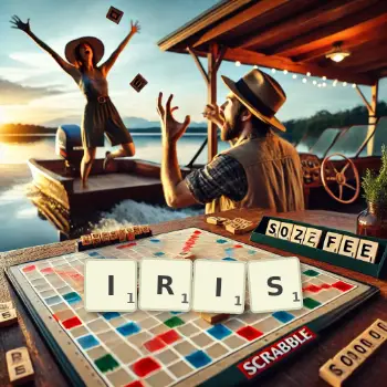 Creative illustration for a Scrabble game with the word IRIS spelled out in tiles on the board.