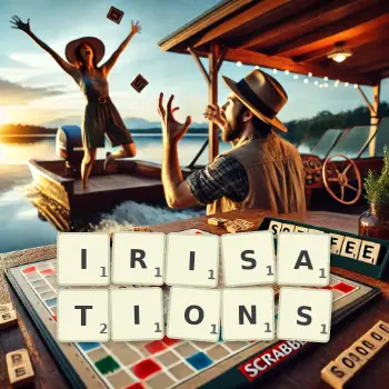 Creative illustration for a Scrabble game with the word IRISATIONS spelled out in tiles on the board.