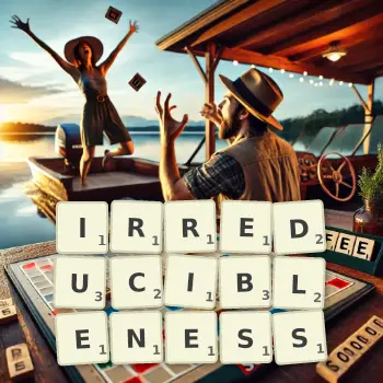 Creative illustration for a Scrabble game with the word IRREDUCIBLENESS spelled out in tiles on the board.
