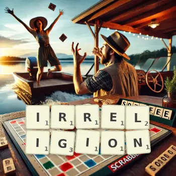 Creative illustration for a Scrabble game with the word IRRELIGION spelled out in tiles on the board.