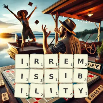 Creative illustration for a Scrabble game with the word IRREMISSIBILITY spelled out in tiles on the board.