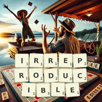 Creative illustration for a Scrabble game with the word IRREPRODUCIBLE spelled out in tiles on the board.