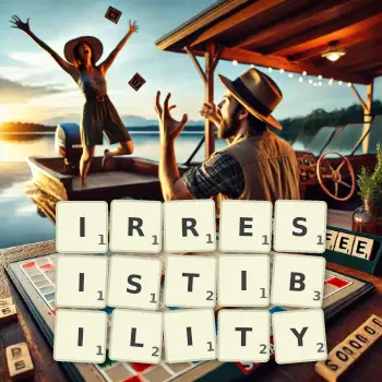 Creative illustration for a Scrabble game with the word IRRESISTIBILITY spelled out in tiles on the board.