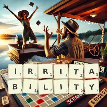 Creative illustration for a Scrabble game with the word IRRITABILITY spelled out in tiles on the board.