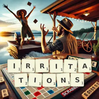 Creative illustration for a Scrabble game with the word IRRITATIONS spelled out in tiles on the board.