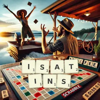 Creative illustration for a Scrabble game with the word ISATINS spelled out in tiles on the board.
