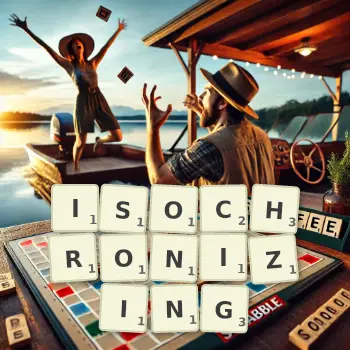 Creative illustration for a Scrabble game with the word ISOCHRONIZING spelled out in tiles on the board.