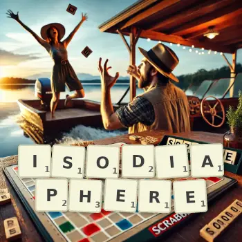 Creative illustration for a Scrabble game with the word ISODIAPHERE spelled out in tiles on the board.