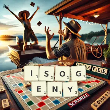 Creative illustration for a Scrabble game with the word ISOGENY spelled out in tiles on the board.