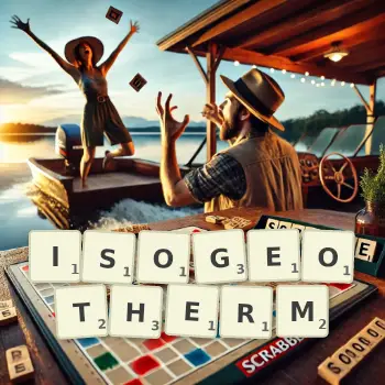 Creative illustration for a Scrabble game with the word ISOGEOTHERM spelled out in tiles on the board.
