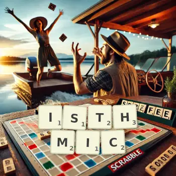 Creative illustration for a Scrabble game with the word ISTHMIC spelled out in tiles on the board.