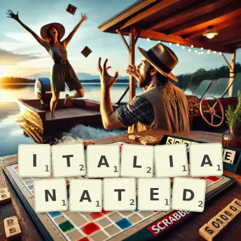Creative illustration for a Scrabble game with the word ITALIANATED spelled out in tiles on the board.