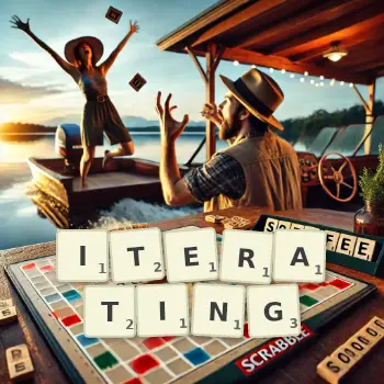 Creative illustration for a Scrabble game with the word ITERATING spelled out in tiles on the board.