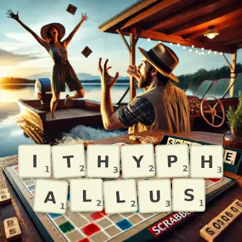 Creative illustration for a Scrabble game with the word ITHYPHALLUS spelled out in tiles on the board.