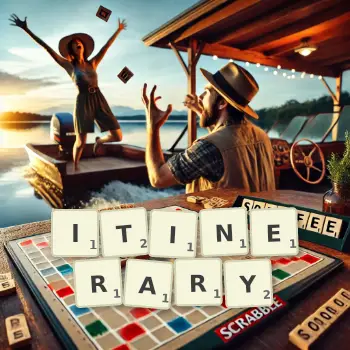 Creative illustration for a Scrabble game with the word ITINERARY spelled out in tiles on the board.
