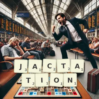 Creative illustration for a Scrabble game with the word JACTATION spelled out in tiles on the board.